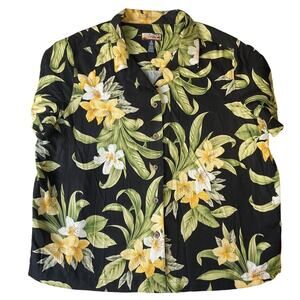 Havana Jack's Cafe Women Button Up Shirt 2X Black Floral Hawaiian 100% Rayon